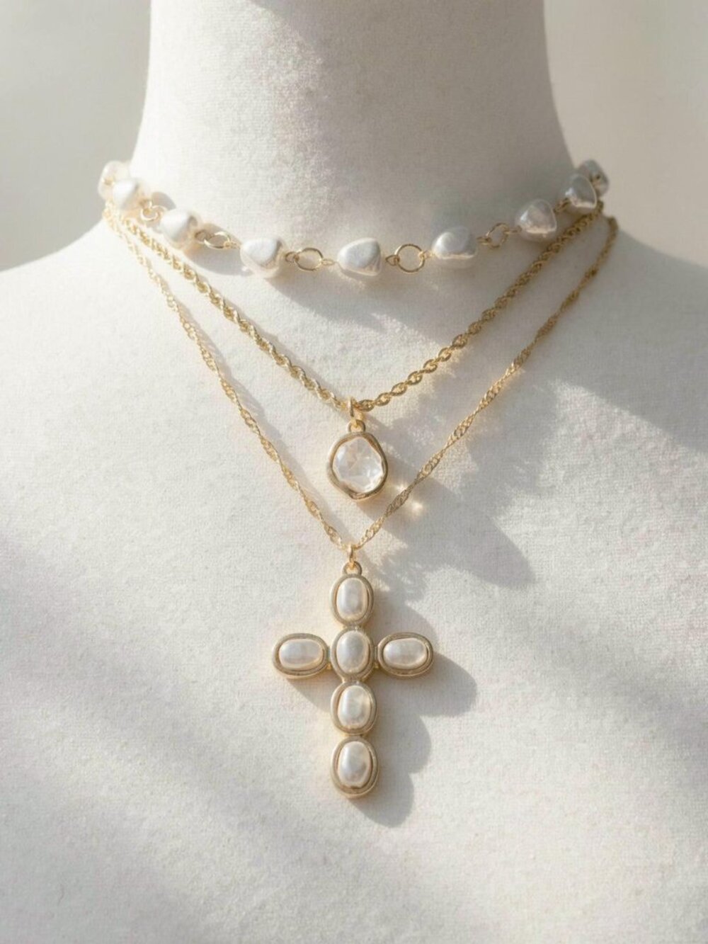 Y2K 2000s style 3 pcs set Gold cross necklace with pearl details